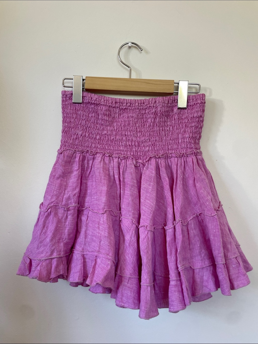 Pink Smocked Tiered Linen Mini Skirt